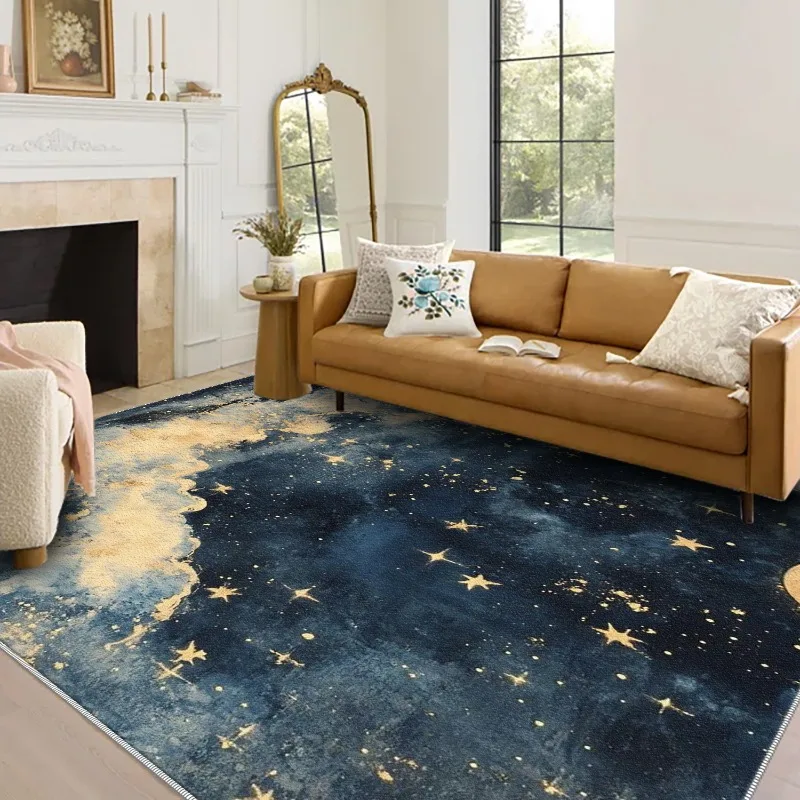 VIKAMA Galaxy Starry Sky Area Rug Navy Blue Watercolor Golden Star Cosmic Cloud Print Non‑Slip Washable Living Room Home Floor