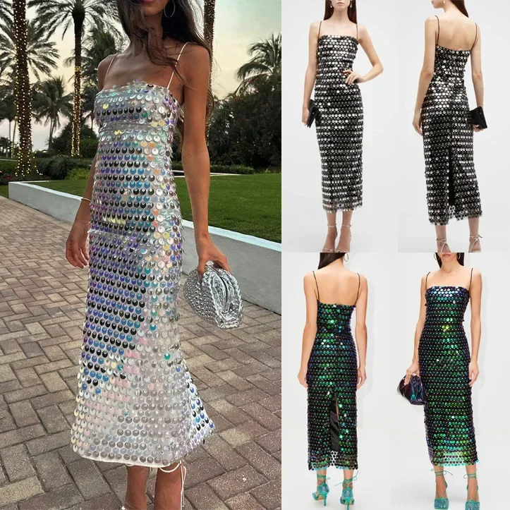 

Sparkling Sexy Slim Sequin Dress Women Elegant Solid Backless Spaghetti Strap Party Dresses 2023 New Chic Lady Long Vestidos