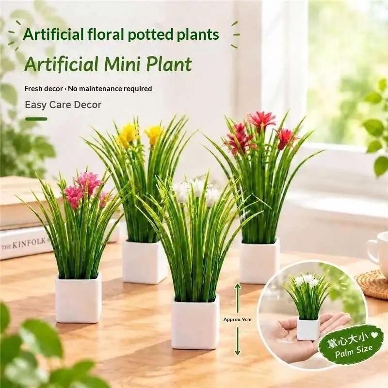 Artificial Mini Onion Grass Potted Plant Fake Green Plant with Pot No Watering Desktop Ornament Home Office Watering Tool