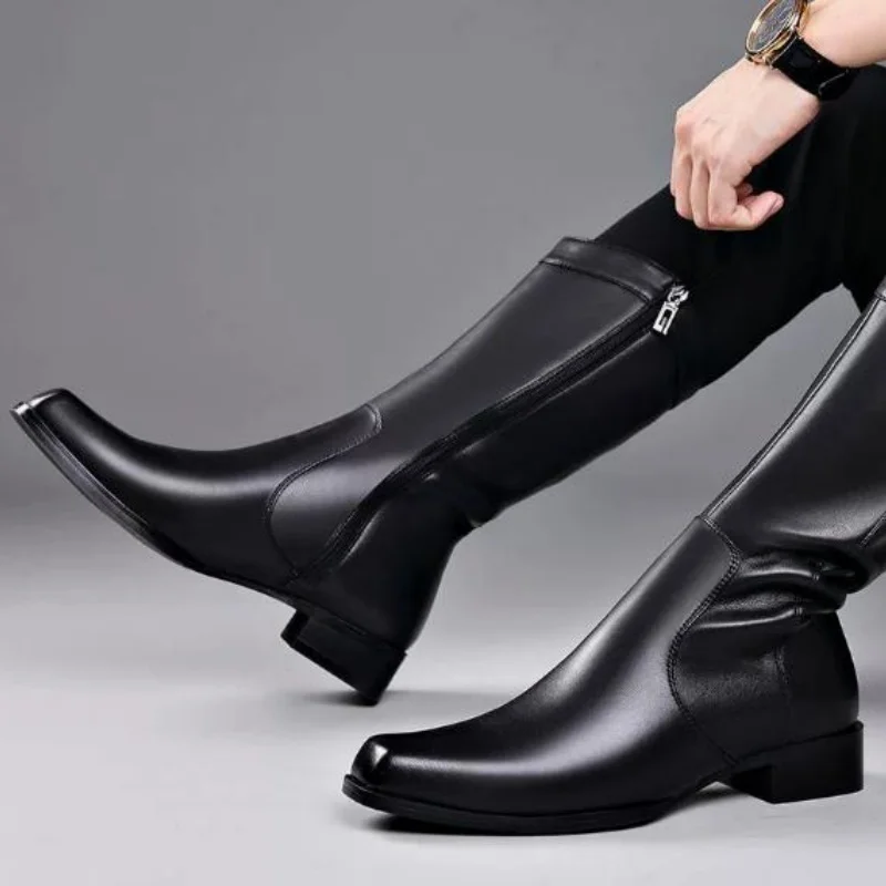 Long Boots Men's Leather Dermis High Plush Riding Denim Boots High Top Zipper Riding Ankle Boots 2023 New Model Ankle Increase