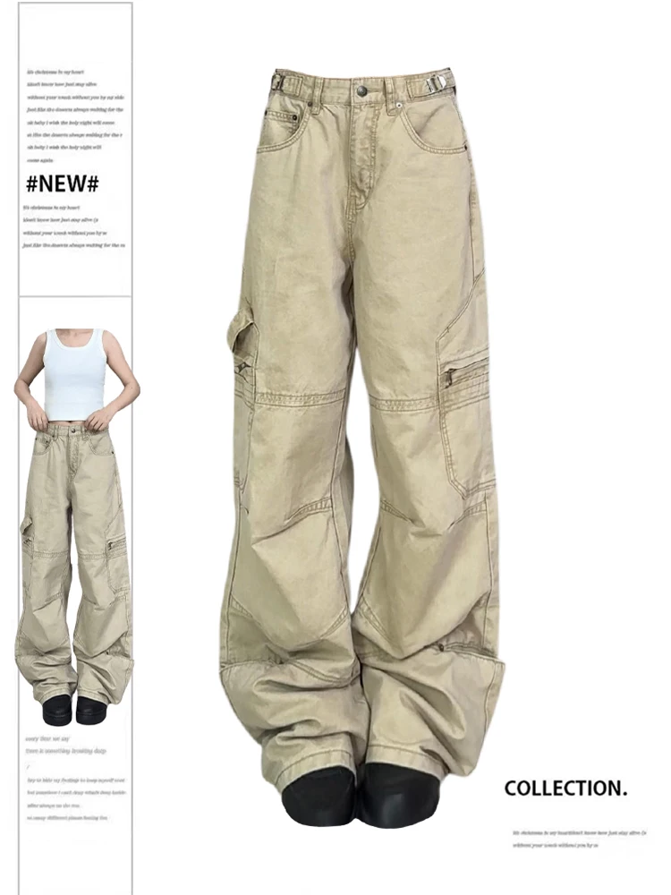 

Women's Khaki Cargo Jeans Baggy Harajuku Cowboy Trousers Y2k Denim Pants Vintage Japanese 2000s Style Trashy Clothes Summer 2024