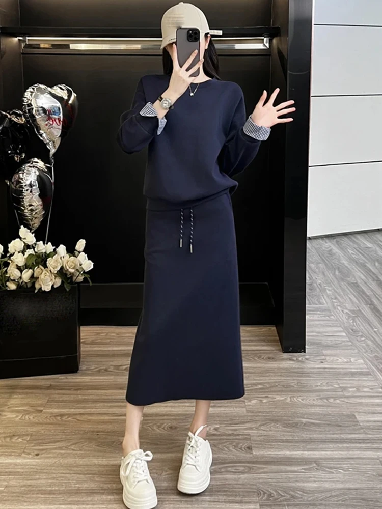 패셔너블 캐주얼 여성복 2025 봄 가을 신상 소형 사이즈 한국 스타일 다용도 스웨트셔츠 스커트 투피스 세트