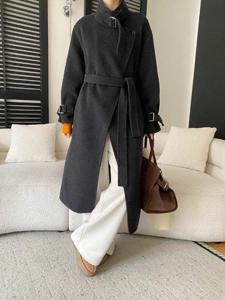 FANAN-abrigos elegantes de lana 100% para mujer, cuello levantado, cinturón, cintura recogida, prendas de vestir largas gruesas y cálidas, moda de invierno 2025