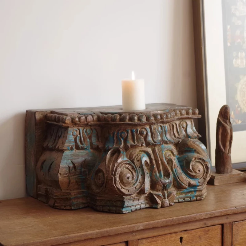 Antique old teak building wood carving wabi-sabi decoration candlestick