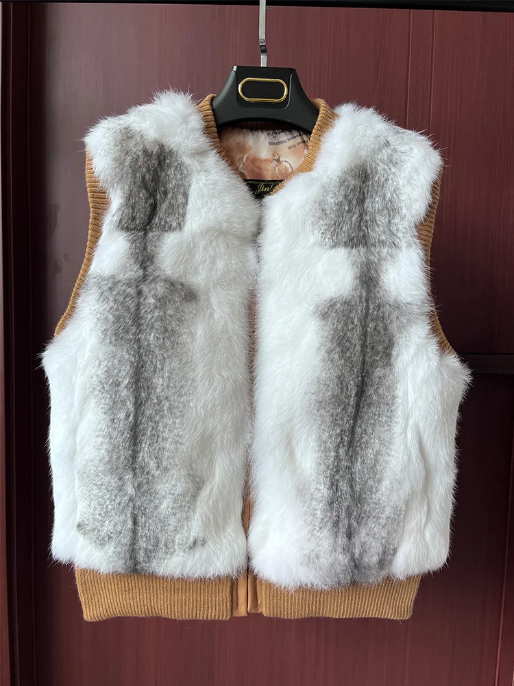 2026 Fashion Women's Genuine Real Rabbit Fur Vest Coat Knitting Winter Fur Jacket Casual Short Outwear Slim with Zipper