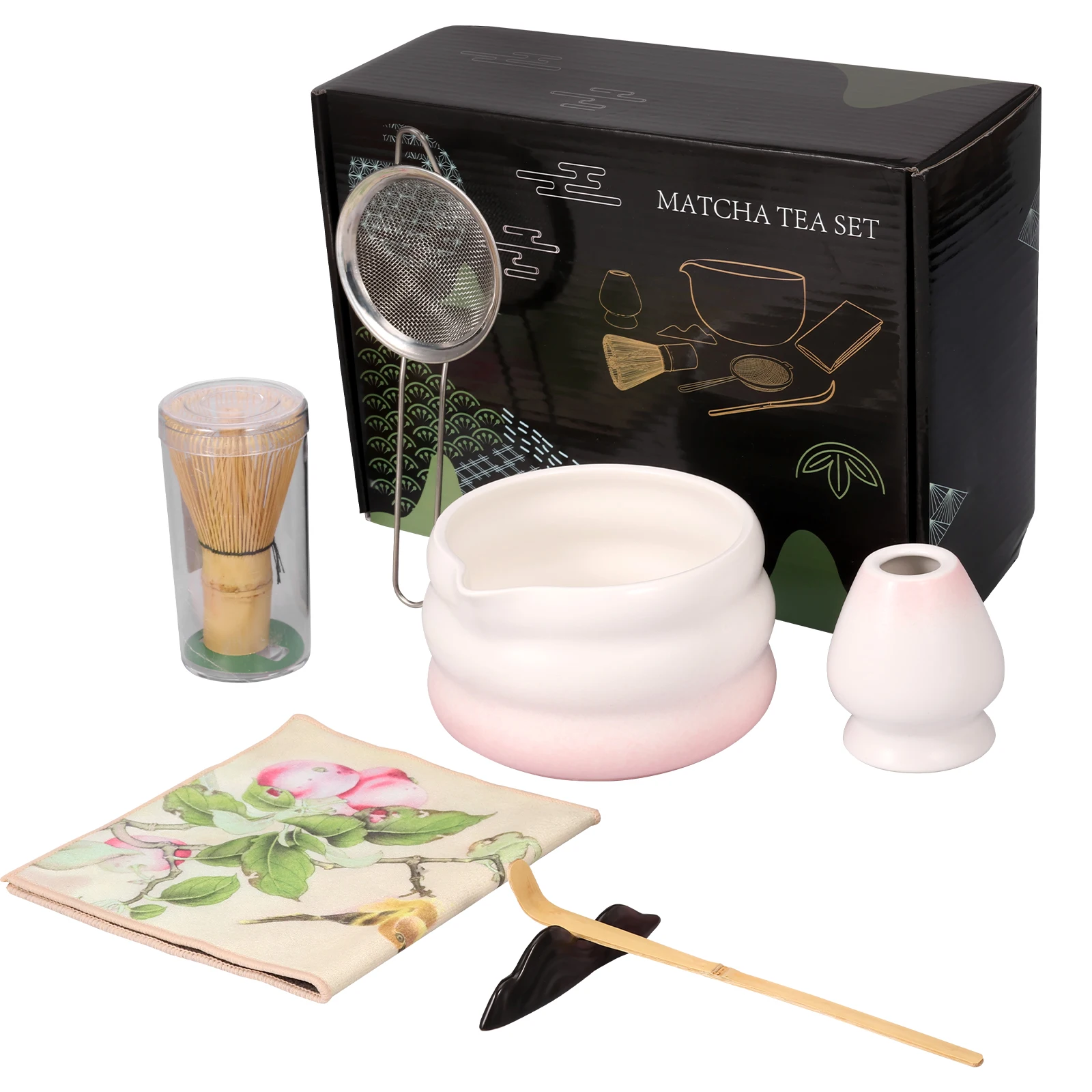 7-teiliges Matcha-Set aus Keramik mit rosa Herz-Aufkleber, süßes Matcha-Set, inklusive Matcha-Schüssel, Matcha-Schneebesen und Halter, Bambusschaufel, Sieb
