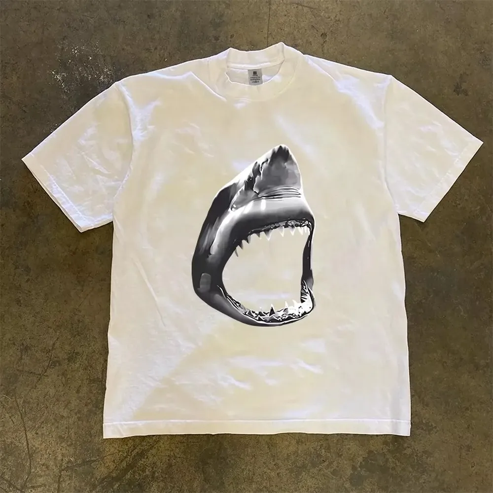 Great White Shark T-Shirt Men Women 3D Graphic Print Cotton Short Sleeve Top American Retro Style Oversize Fit Summer Casual Wear High Quality Comfortable Gift for Teens Young Adults Streetwear Cool Fashion Tee Ocean Animal Lover