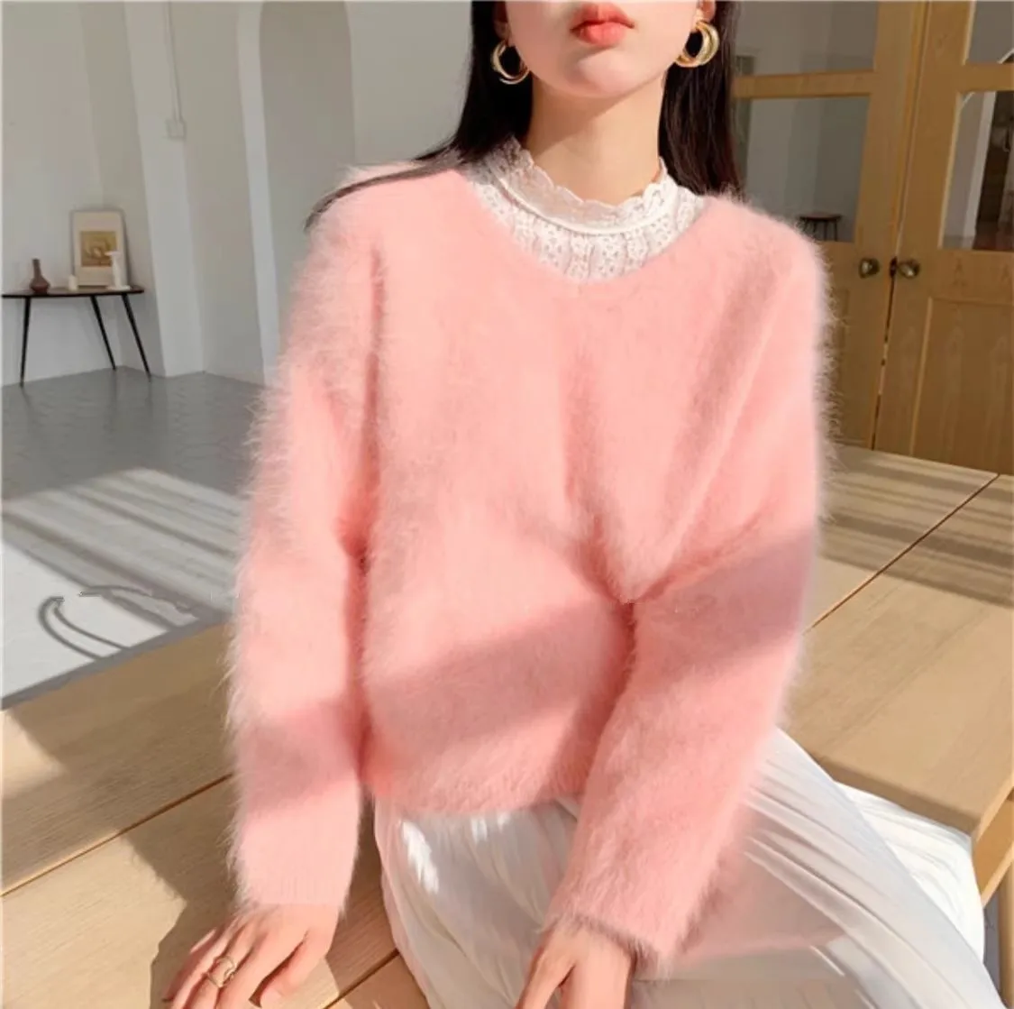 

2023 Sweet Fashion Autumn Winter Pink Imitation Mink Loose Pullover Women V Neck Soft Mohair Knitted Thick Warm Female Sweaters