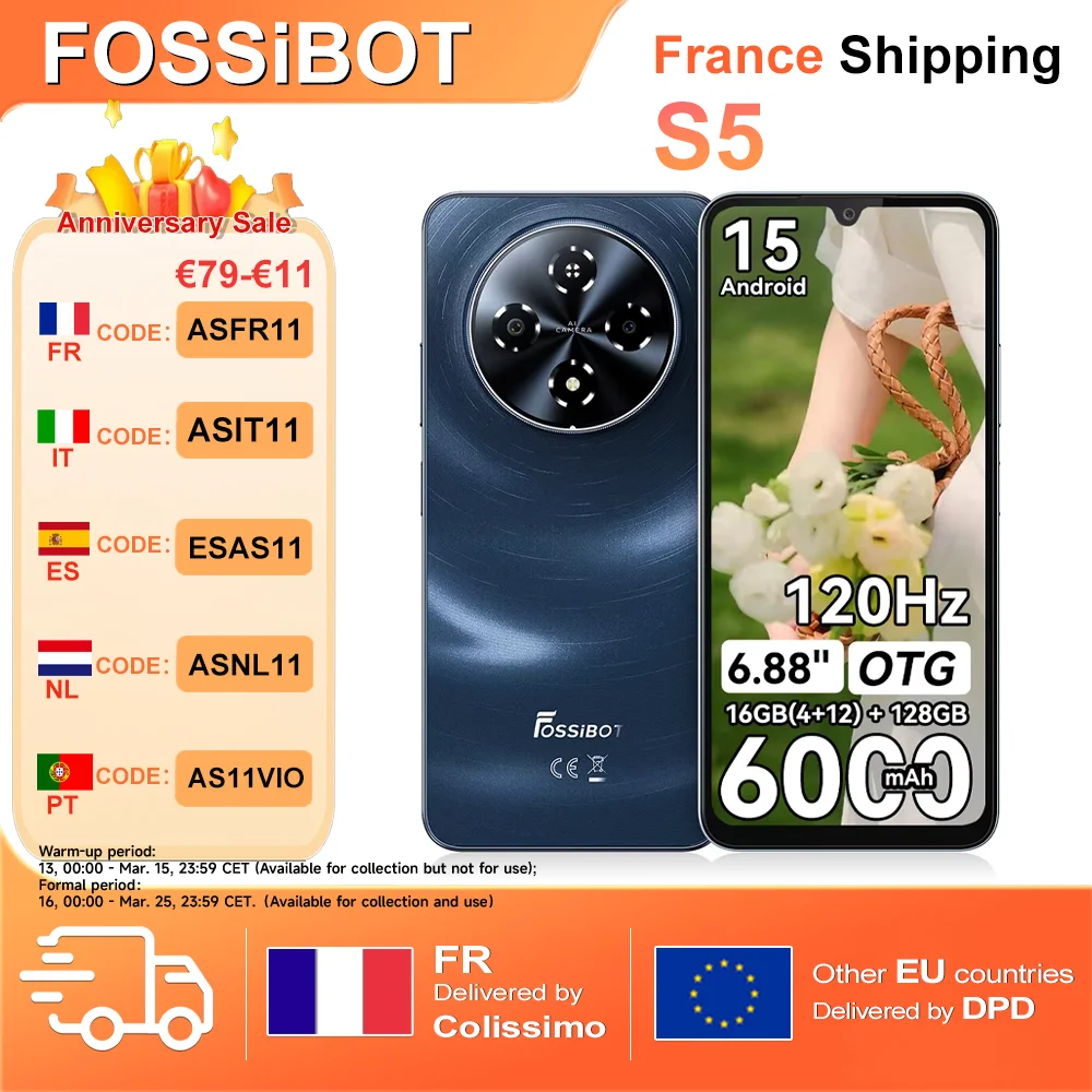 Smartphone Fossibot S5 4G LTE, écran HD+ 6,88 pouces, 16 (4+12) Go + 128 Go, Android 15, batterie 6000 mAh, 720*1640, 120 Hz, OTG, lecteur d'empreintes digitales latéral, léger
