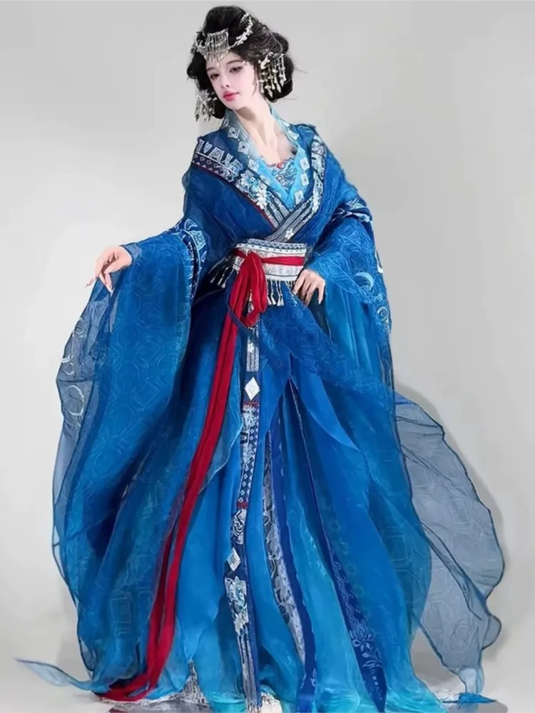 New blue-dyed Hanfu set for women robe with large sleeves and waist-length irregular-shaped lace ancient costume