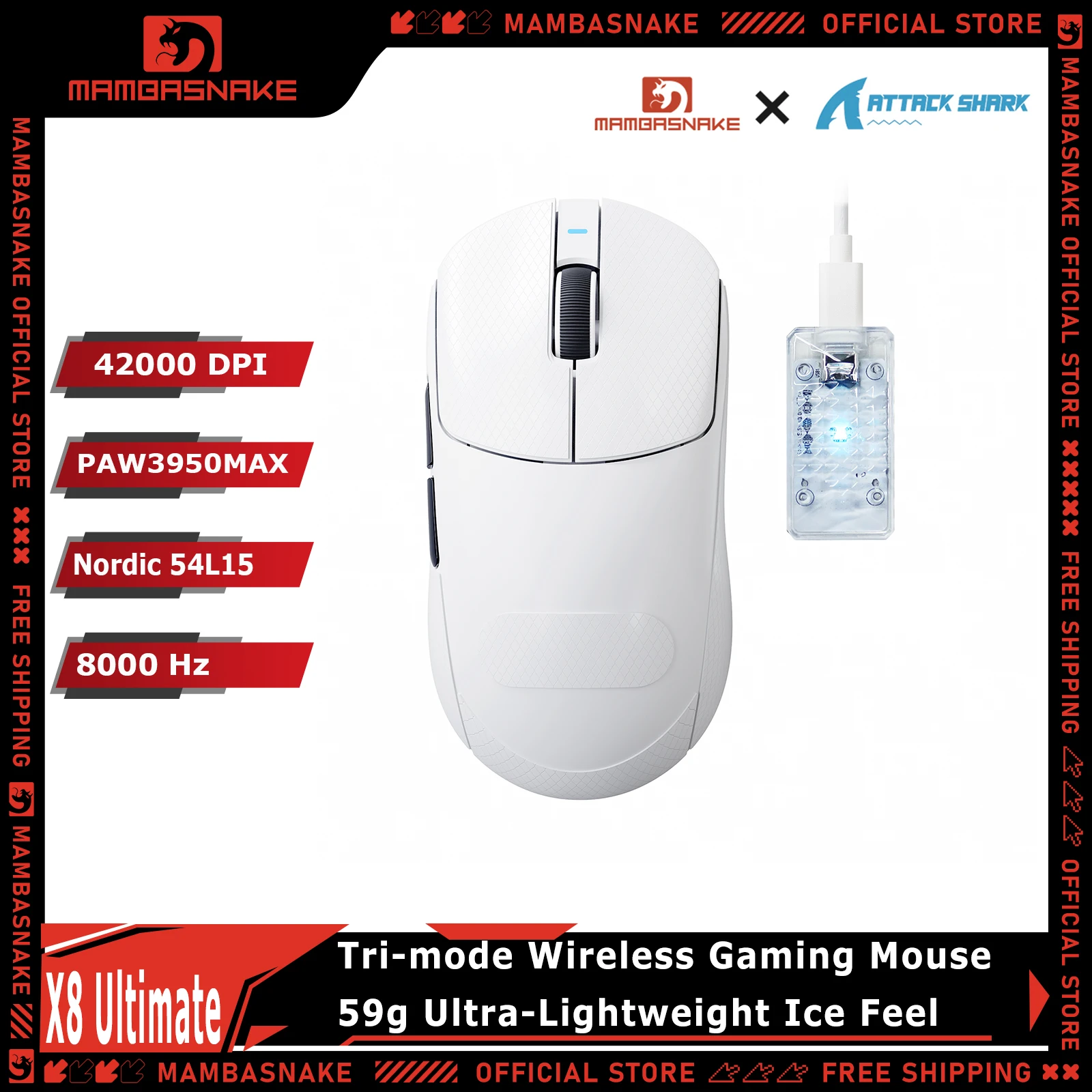 

ATTACK SHARK X8ULTIMATE Tri-Mode Gaming Mouse 55g Ultra Light PAW3950MAX Sensor 42000DPI 8000Hz Polling Rate For PC Laptop