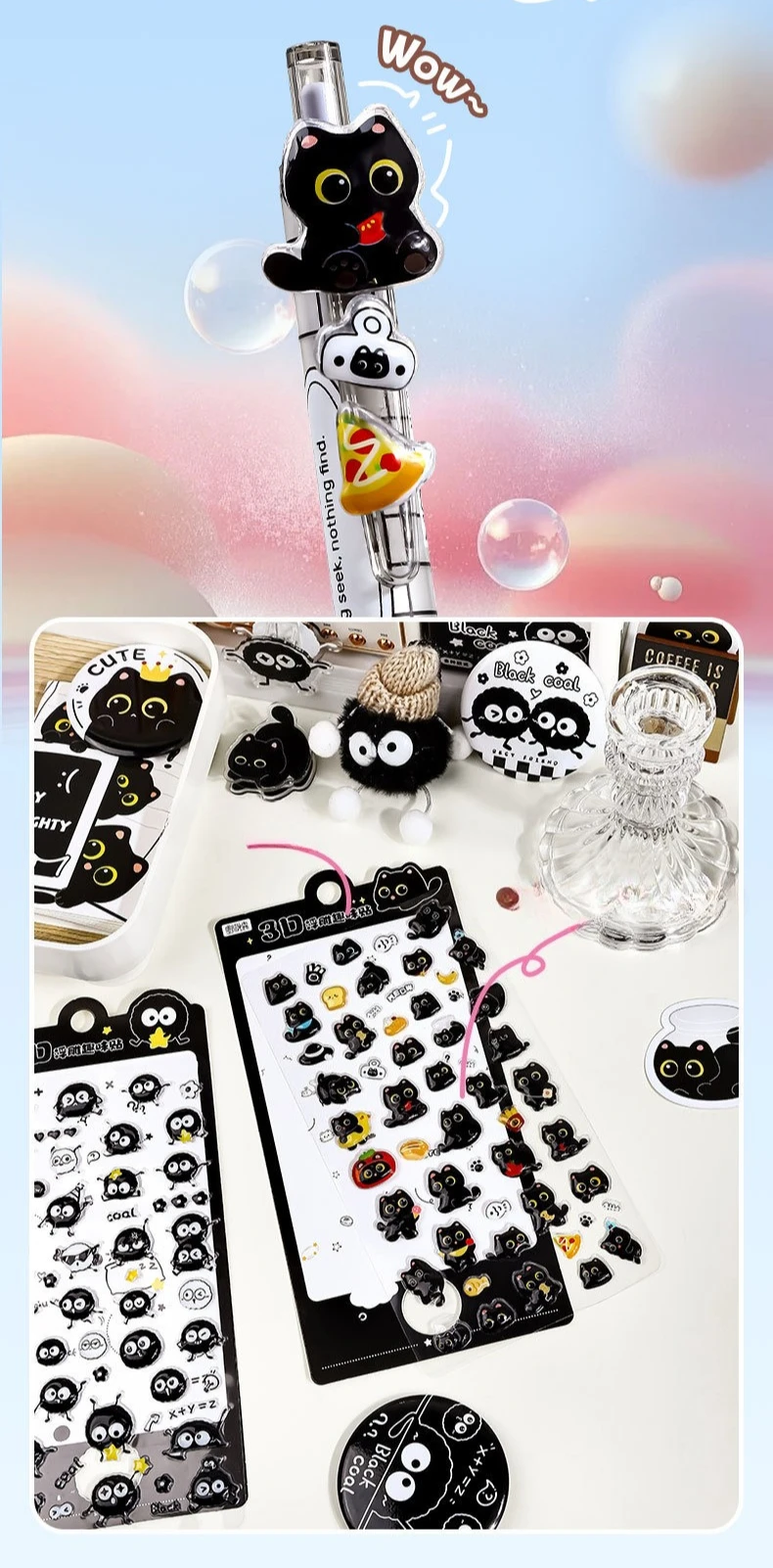 2sheets Cartoon Three-dimensional Floating Fun Stickers Black Cat Cute Embossed Mobile Phone Scrapbook Stickers