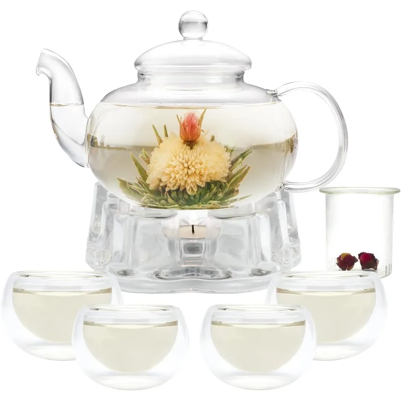 Glass Teapot Set, 34OZ/1000ML Glass Tea Kettle with Loose Tea Infuser & Warmer, 5oz/150ML Tea Cup & Saucer Set of 4, Stovetop