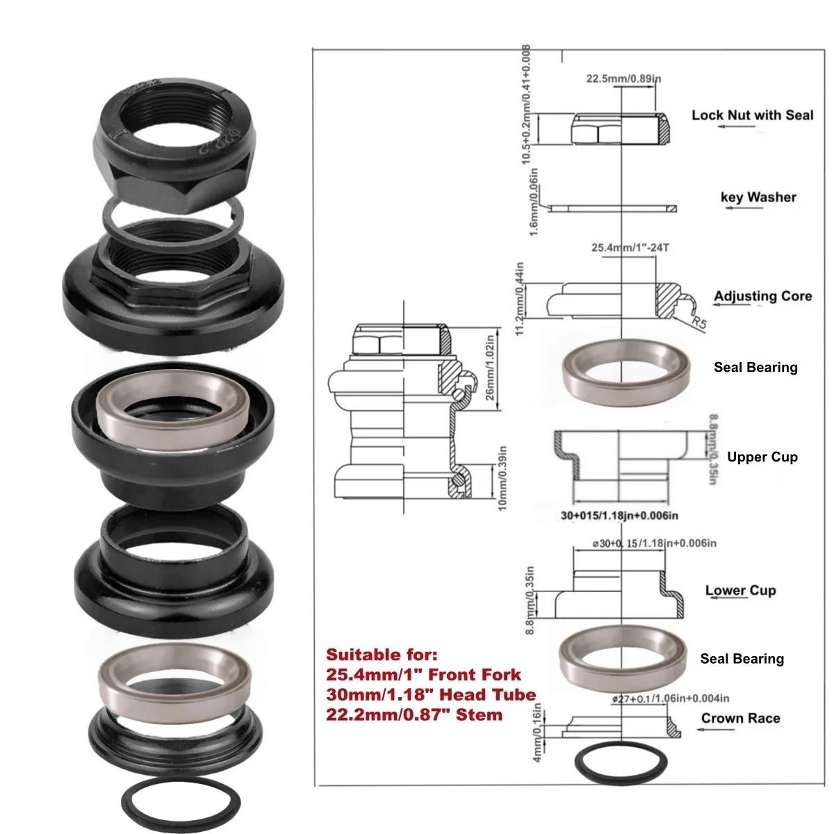 25,4 mm/1 Zoll und 28,6 mm/1-1/8 Zoll Gewinde-Käfiglager und Dichtungslager Fahrrad-Steuersatz für 30 mm/34 mm Steuerrohr, leichter Fahrrad-Steuersatz – Detail 15