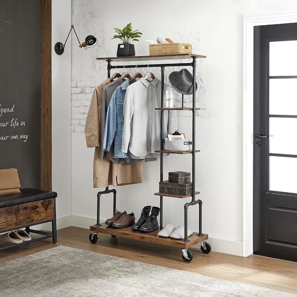 

Clothes Rack, Clothing Garment Rack on Wheels, Rolling Clothes Organizer with 5-Tier, Industrial Pipe Style, Rustic Brown