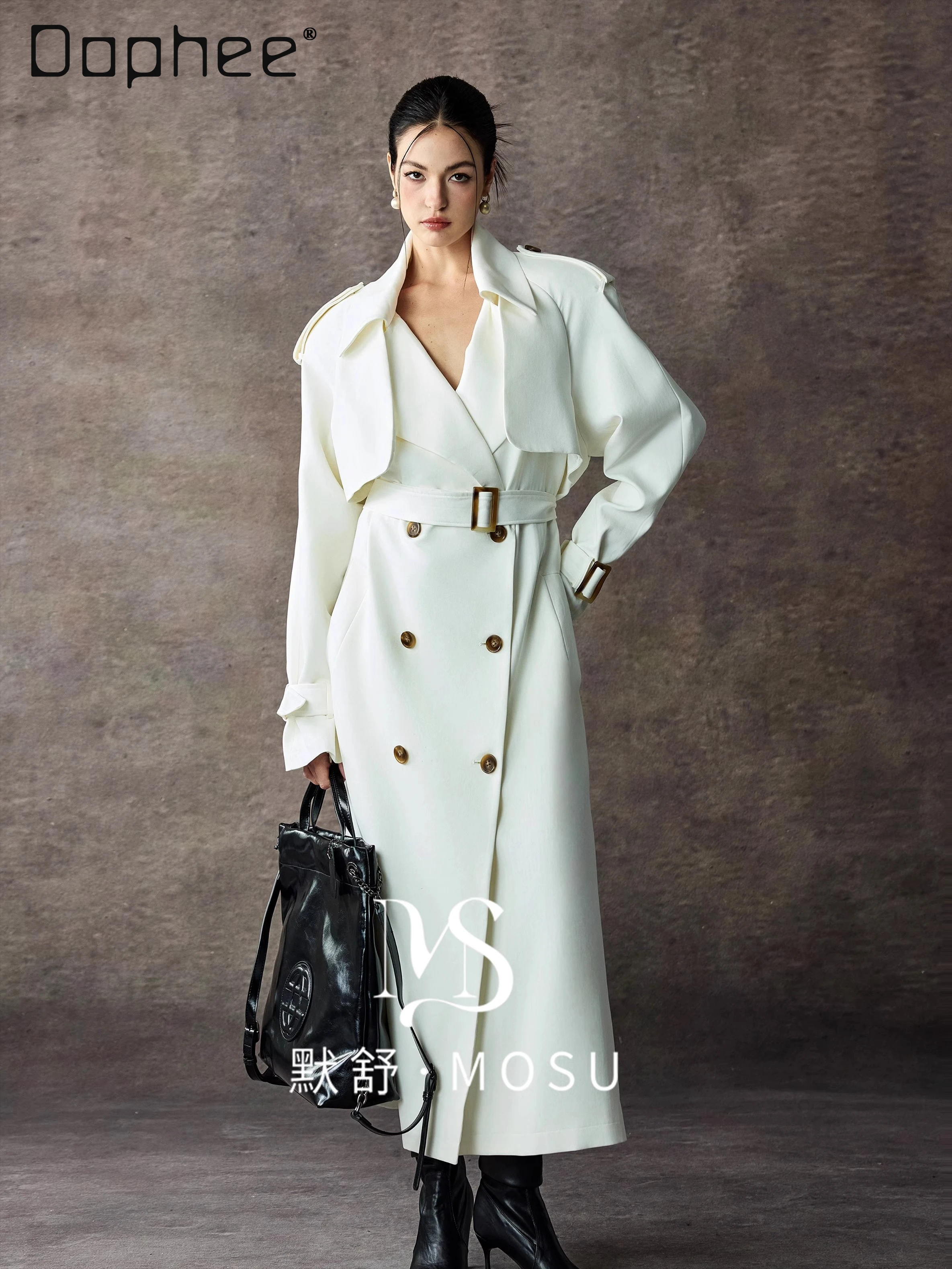 French Style Elegant Socialite White Lapel Tie Double-Breasted Trench Coat Women Autumn Commuting Versatile Elegant Long Coat