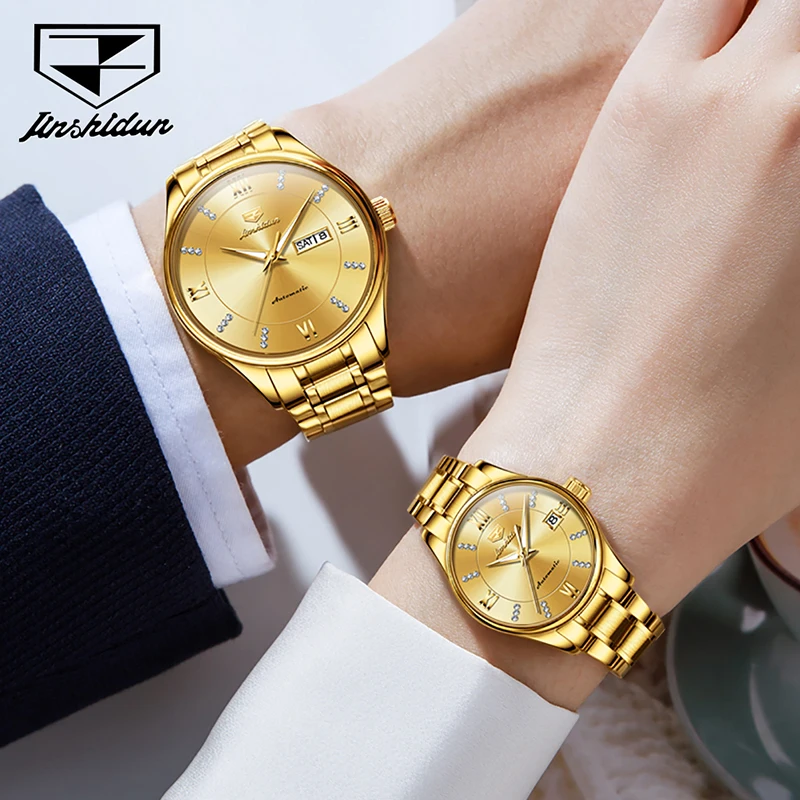 JSDUN Couple Watch Luxury Full Gold Automatic Mechanical Watches Luminous Waterproof Weekly Calendar Display Relogio Masculino