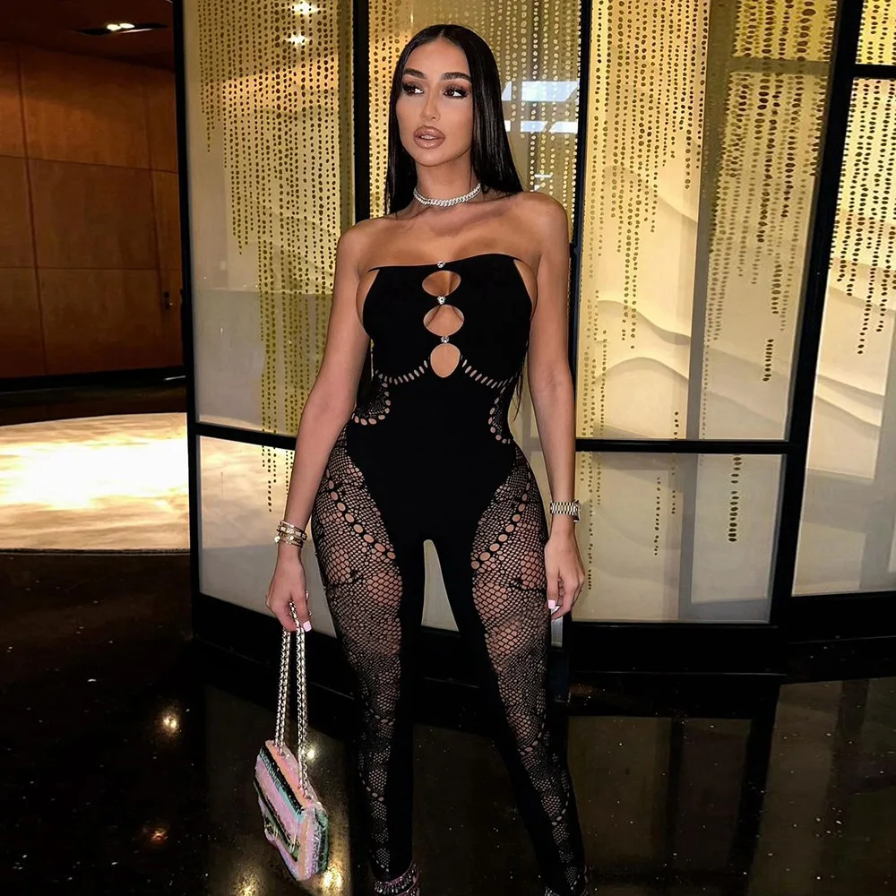 

Sexy Thick Lace Hollow Out Sleeveless Bodycon Jumpsuits Women Tube Top Straps Hole Slim Playsuits Nightclub One Piece Overalls