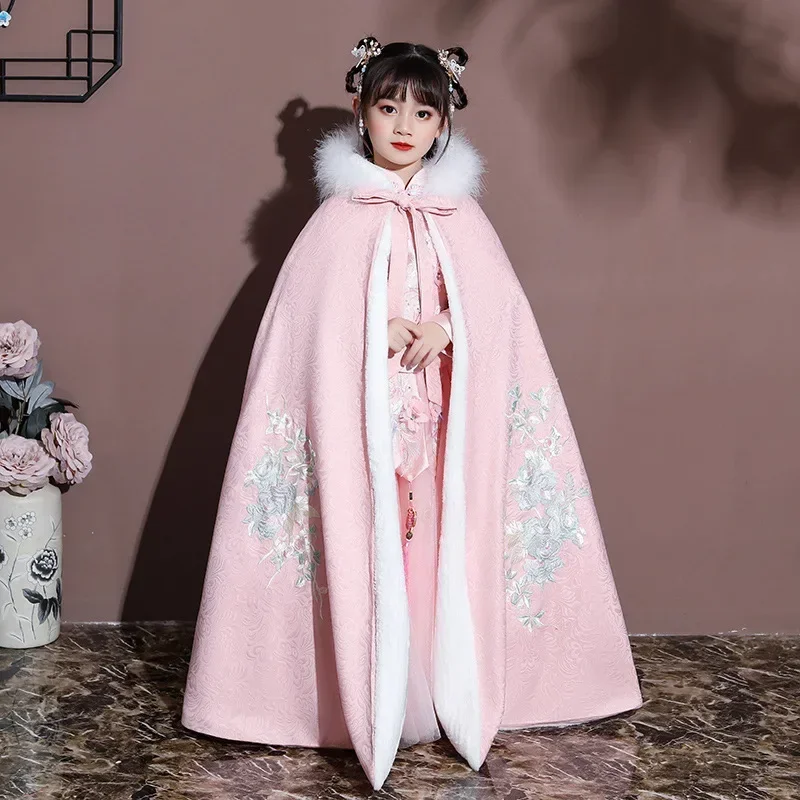 New Year's Wear Hanfu Quilted Hooded Girl's Warm Cape Winter New Embroidery Thicken Cloak Chinese Children Ancient Mantle Kids