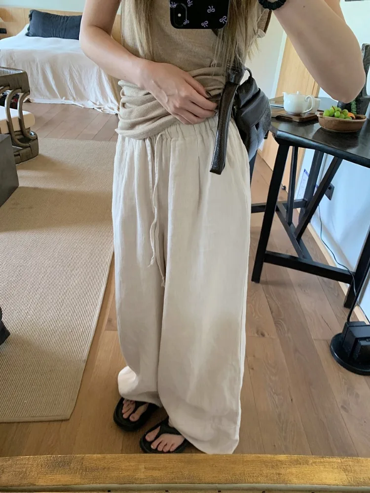 HOUZHOU Casual Wide Leg Linen Pants Woman Oversize Basic Female Palazzo Flax Trousers Old Money Style Baggy Korean Fashion Pants