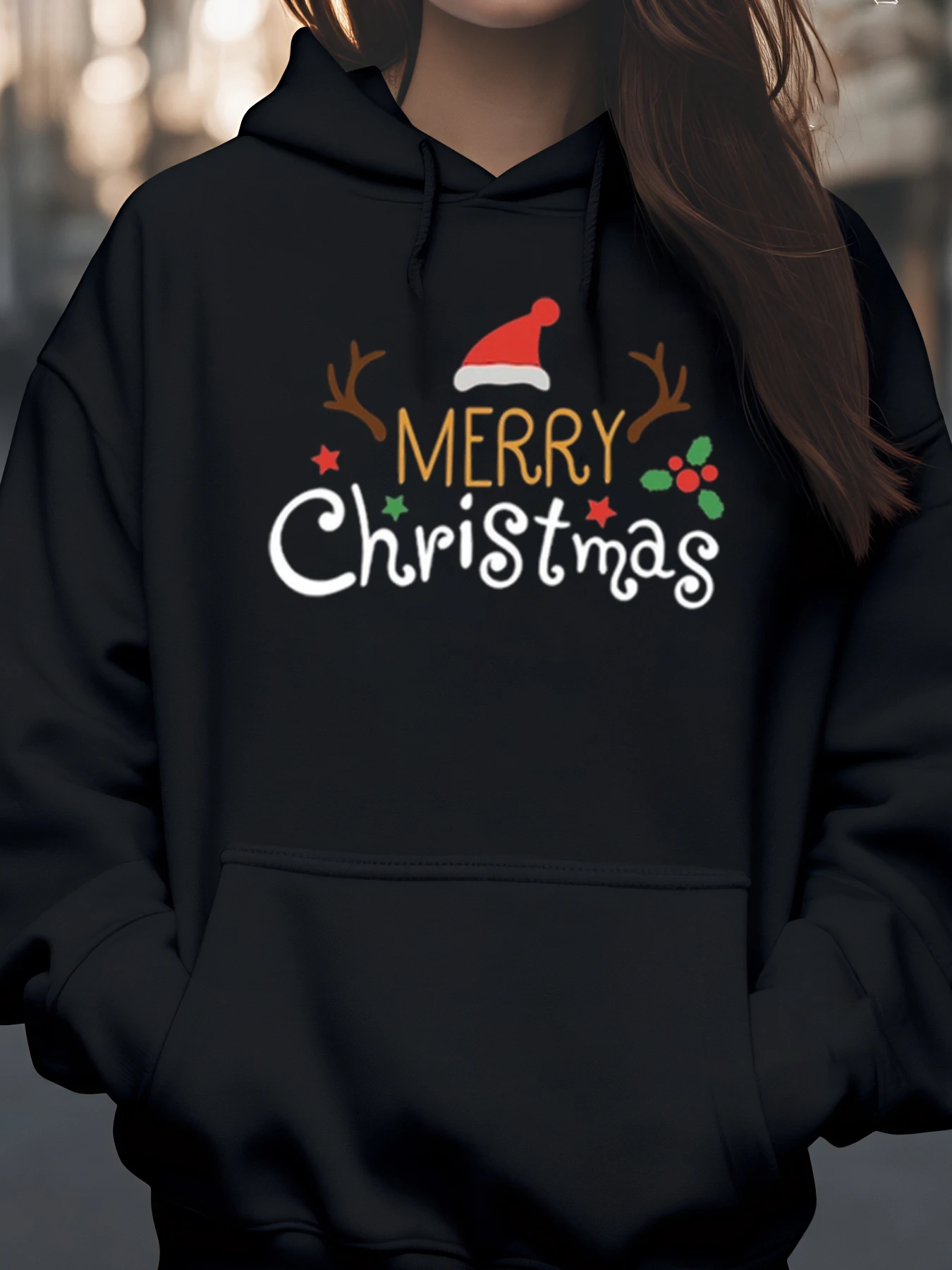 Chapéu de rena de feliz Natal e moletom com capuz com estampa de azevinho para mulheres