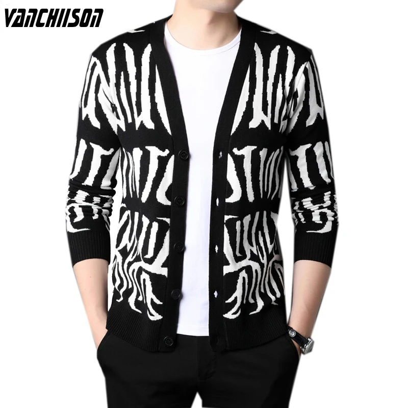 

Men Sweater Buttons Down Knit Jacket Single Breasted V Neck for Autumn Retro Vintage Print Casual Male Clothing 00257