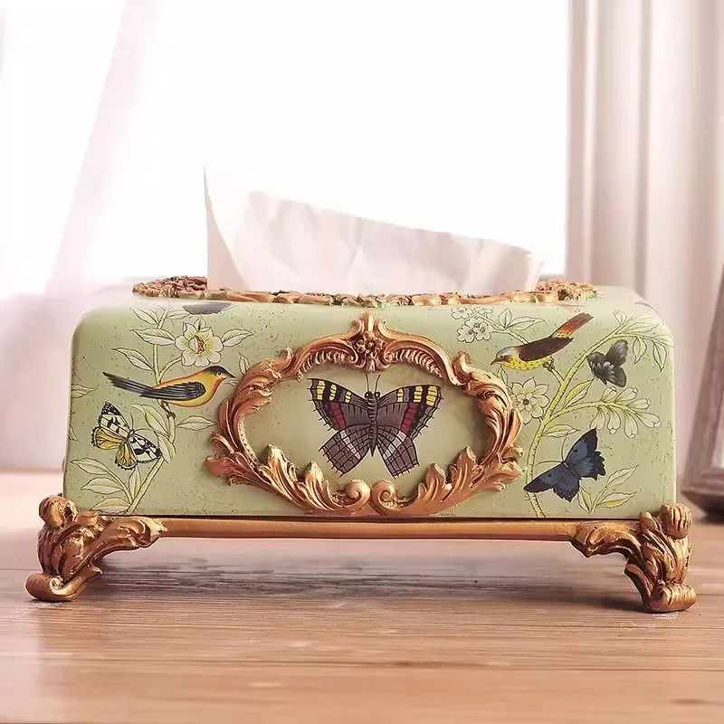American style countryside green craft flower and bird painted tissue box, large relief paper drawing craft, home daily decorati