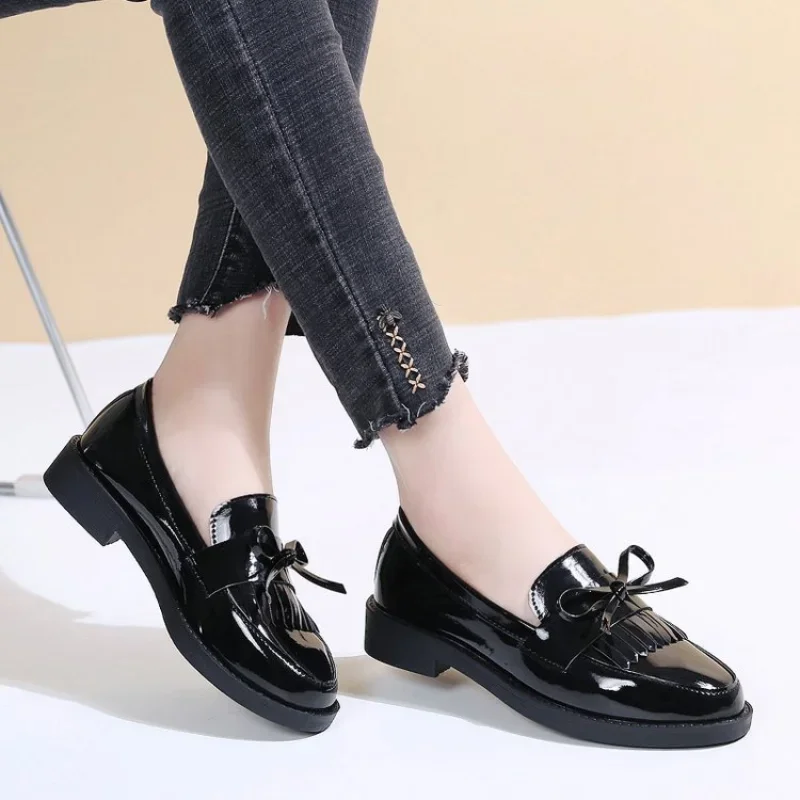 Women's Black Patent Leather Loafers Platform Slip on Shoes for Women  New Spring British Tassel Casual Bowknot Flats Shoes