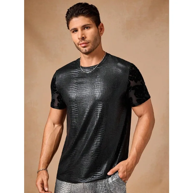 Trendy Casual T-shirt, Personalized Men's Wear Summer New Cross-border Men's Street Fashion Crocodile Pattern Patchwork Top 2026