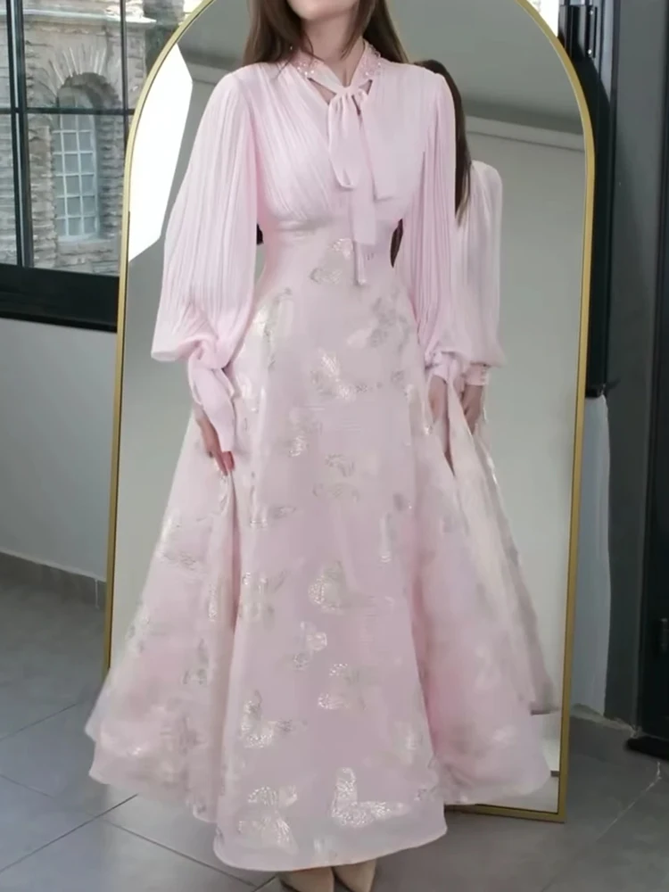 

Spring Autumn Lantern Sleeve Design Party Dress New Bow Tie Up Women's Long Dress 2026 Elegant Printed Waist Swing Maxi Dress