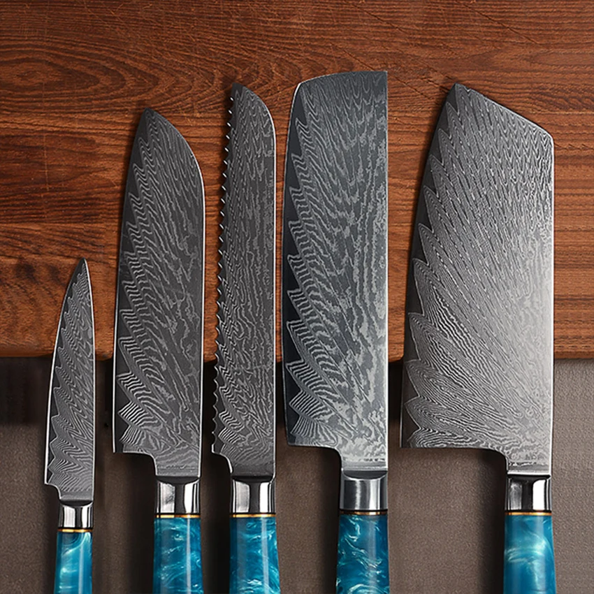 Damascus Kitchen Knife Chef Japanese Knife High Carbon Steel Butcher Knives Utility Slicing Santoku Cooking with Resin Handle