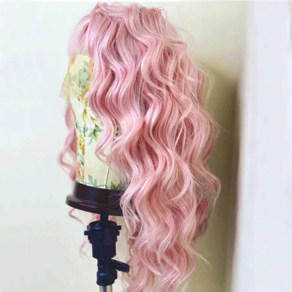 Pink Wig Short Synthetic Lace Front Wig Heat Resistant Fiber Hair Deep Wave Wigs Natural For White Women Cosplay Side Part