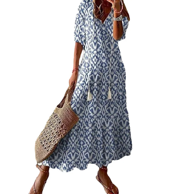 Damska luลบna sukienka Elegancki temperament Kwiatowy nadruk V Szyja Retro Plus Size Damska sukienka w stylu bohemy Dลuga sukienka damska