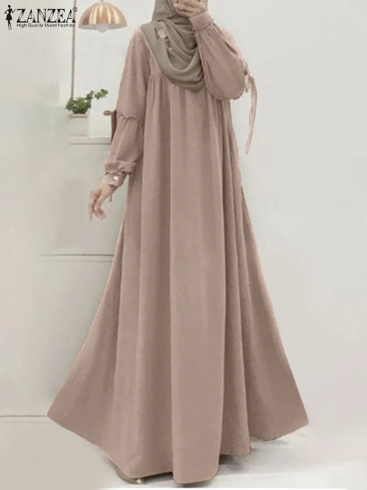 

ZANZEA Woman Vinatge Lace Up Muslim Dress Long Sleeve O-Neck Dresses Fashion Solid Color Sundress Elegant Islamic Clothing 2023