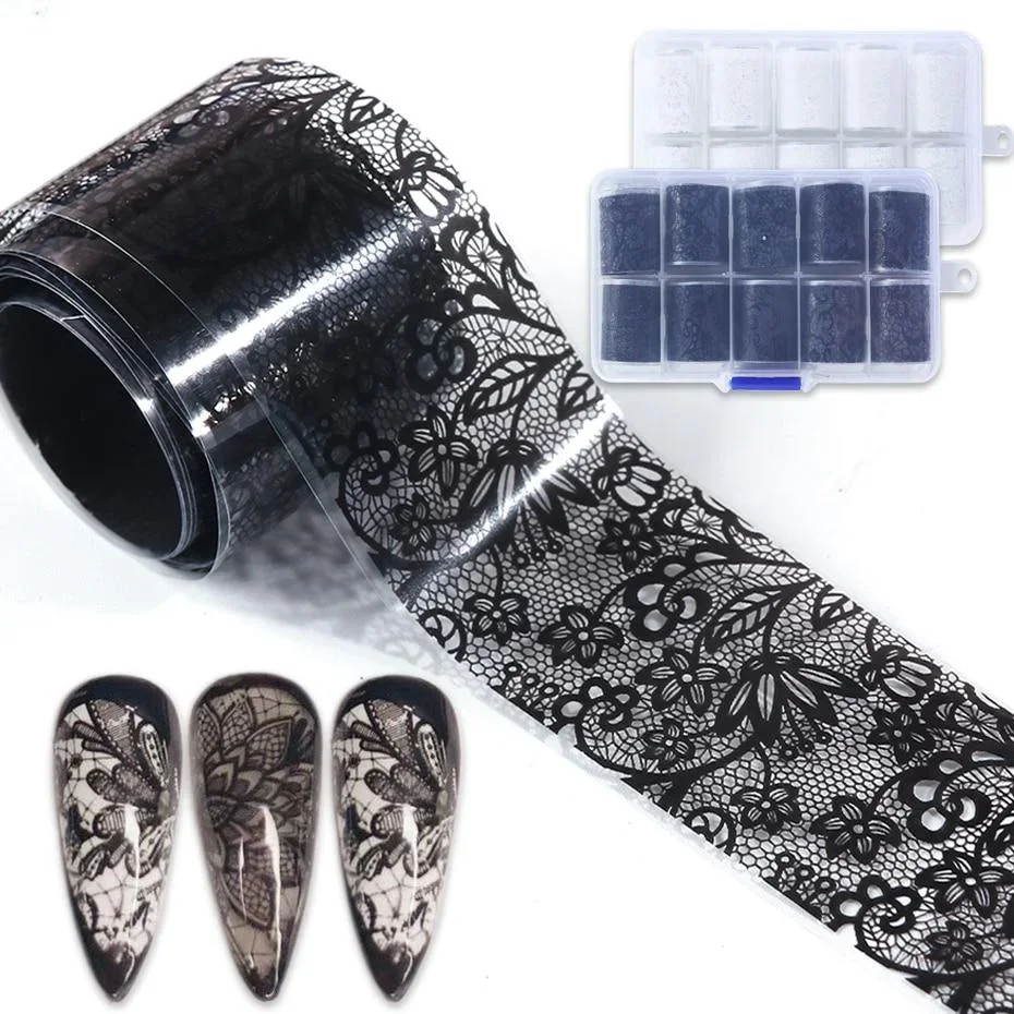 

10pcs Lace Nail Foil Stickers Set Black White Transfer Decal Manicure Adhesive Slider Decor