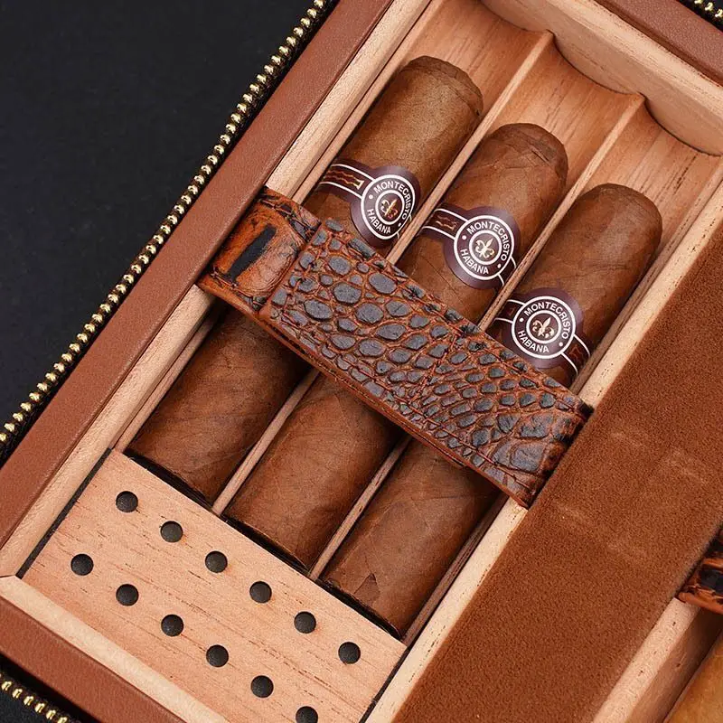 

Portable Brown Crocodile-Patterned Two-Layer Leather Cigar Case, A Moisture-Proof Cigar Holder.