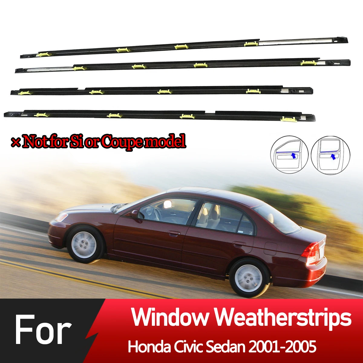 4PCS Car Outer Door Windows Rubber Weatherstrip For Honda Civic 01-05 Waterproof Pressure Strip Sealing Strip Car Accessories