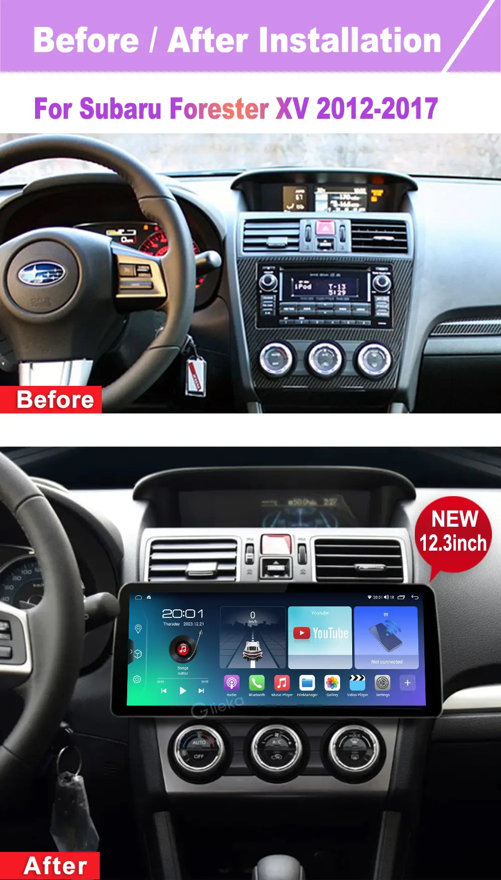 12.3 inch Screen Carplay Android For Subaru Forester XV 2012 - 2017 Car Radio Stereo Multimedia Player GPS WiFi Head Unit