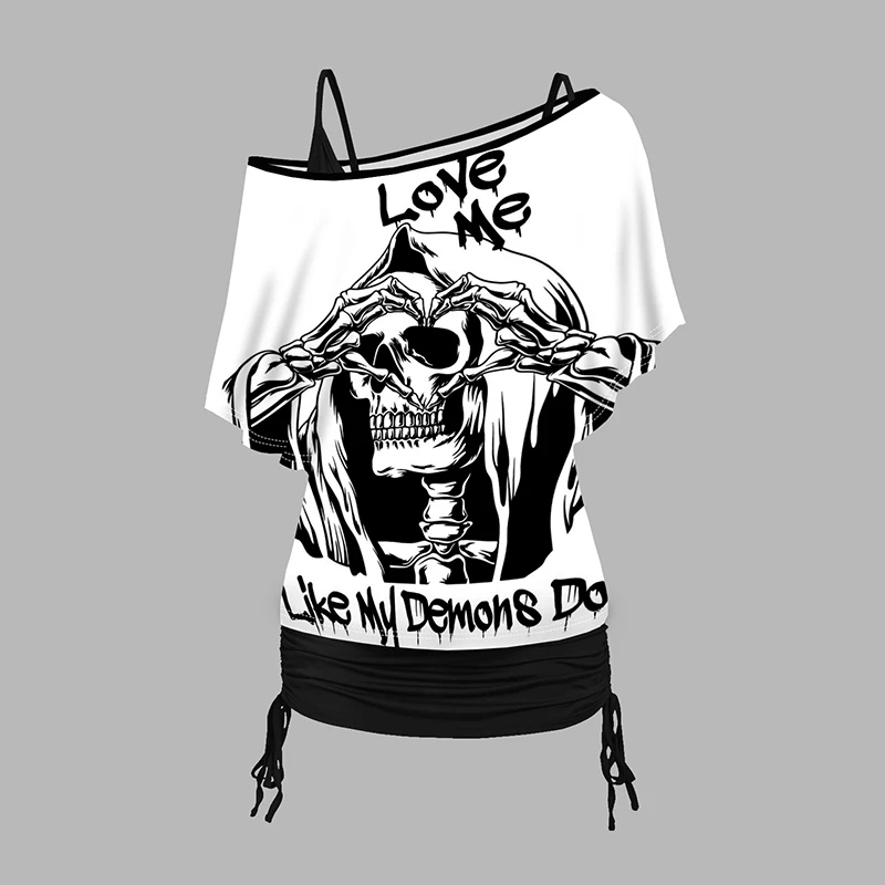 

Dressfo 2024 New Womens Shirts Tops Skull and Slogan Print Oblique Shoulder T Shirt and Cinched Ruched Tank Top Set