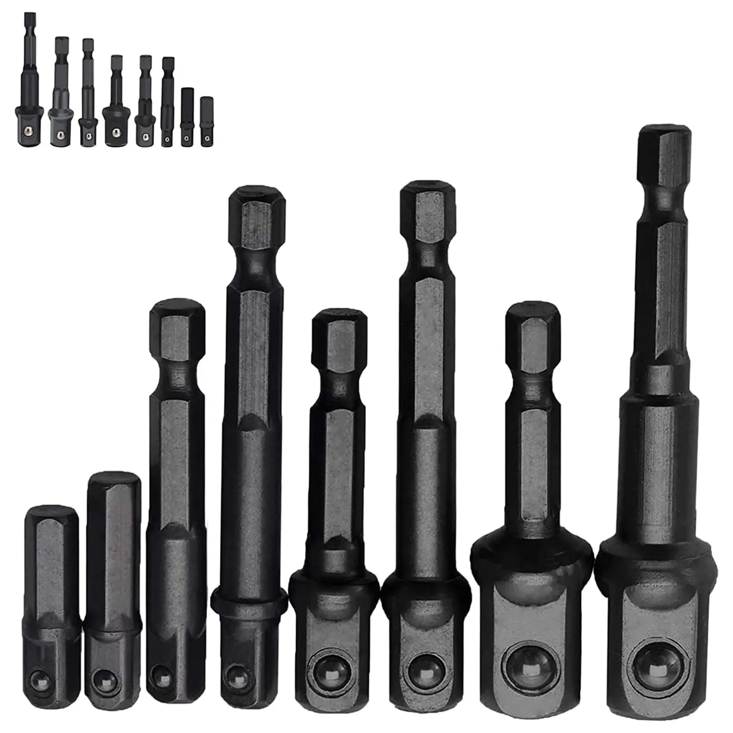 Adattatore per presa a percussione da 8 pezzi 1/4 "3/8" 1/2 ", adattatore per presa per trapano per avvitatore a percussione con punte per trapano a bussola quadrate con gambo esagonale nero