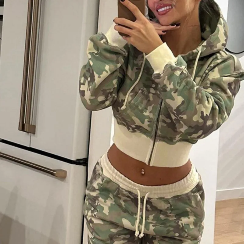 

Women Camouflage Streetwear Shorts Suits Sleeveless Crop Tops Drawstring Short Hip-hop 2 Piece Sets Y2k Hoodies Casual Sweatpant