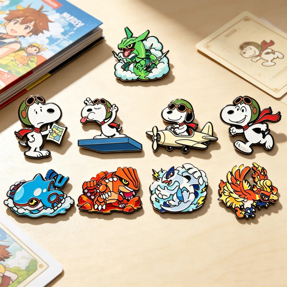 9 Cartoon Pilot Dog & Fantasy Monster Enamel Pins, Anime Style Brooches, Trend Badges for Coat Backpack Hat