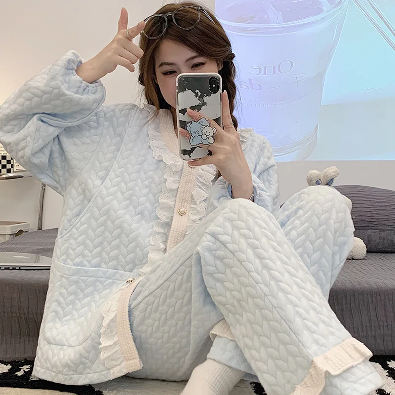 Autumn Winter Maternity Nursing Pajamas Set Thickened Air Cotton Side Open Breastfeeding Homewear Pregnant Women Sweet Sleepwear 5
