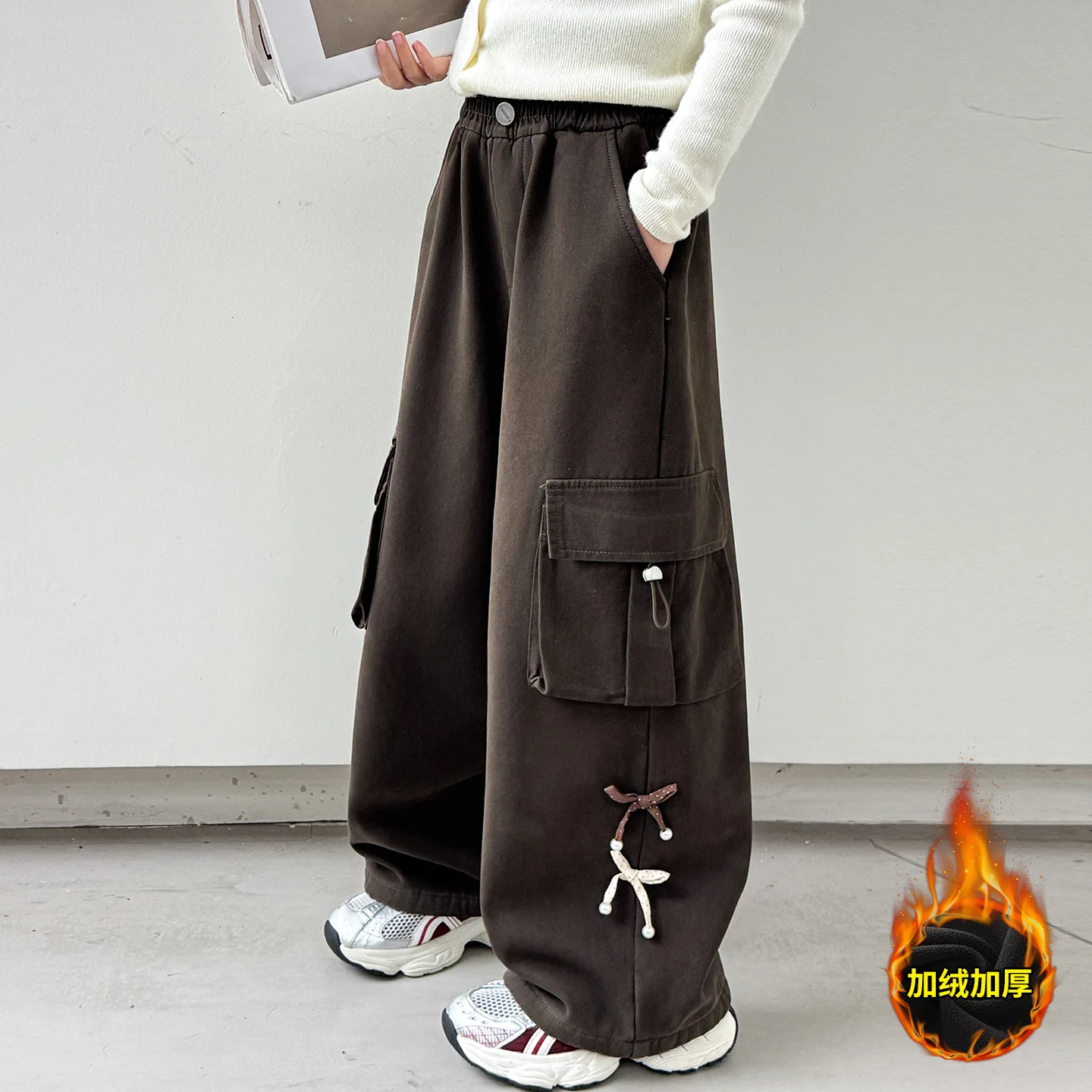 

Girls' Fleece-Lined Cargo Pants, Fall/Winter 2025 New Arrival, Suitable for Ages 7-14, Winter Casual Wide-Leg Pants