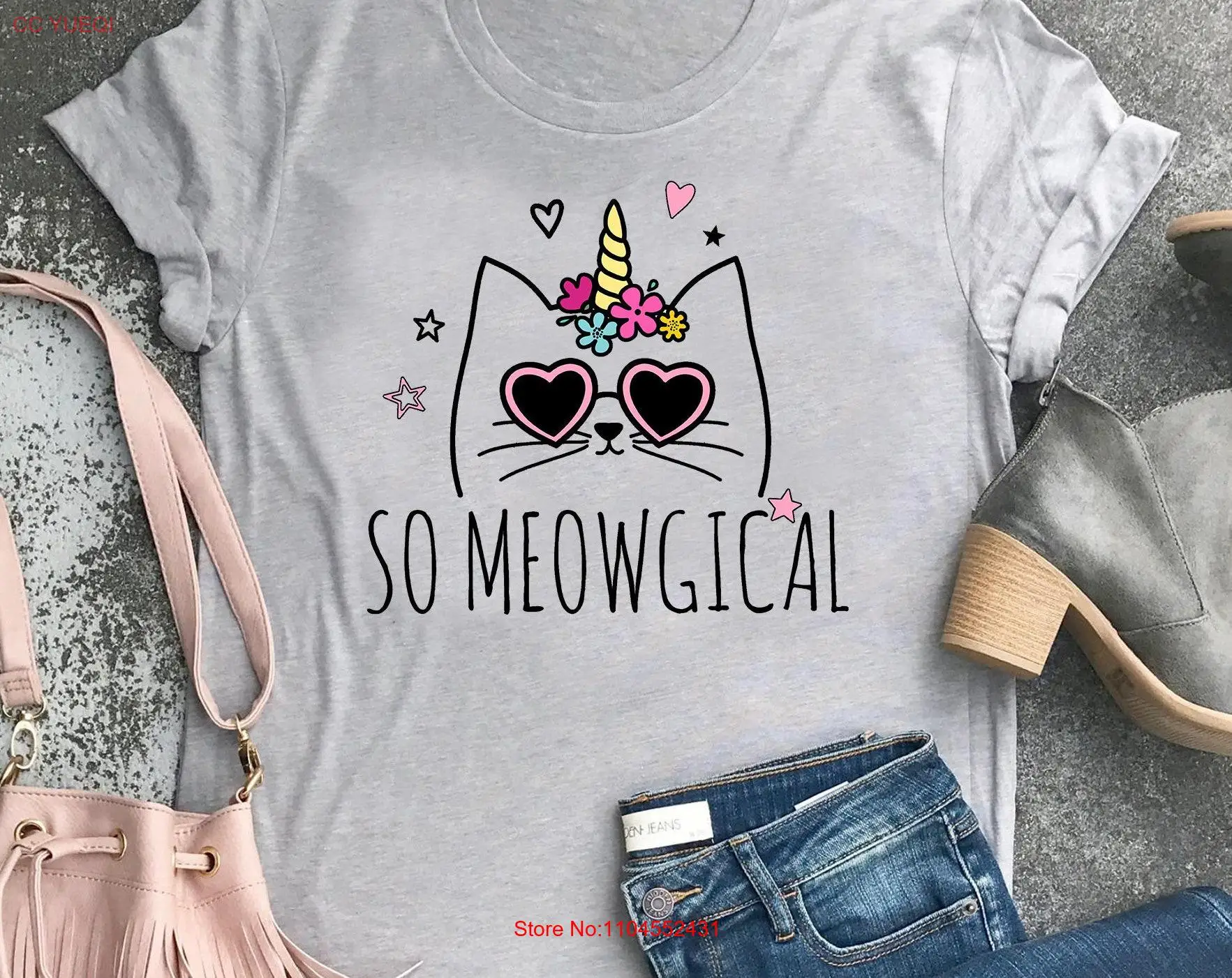 مضحك كاتيكورن تي شيرت بيلا قماش So Meowgical عشاق القط السحري لطيف يونيكورن طويلة أو قصيرة الأكمام #1