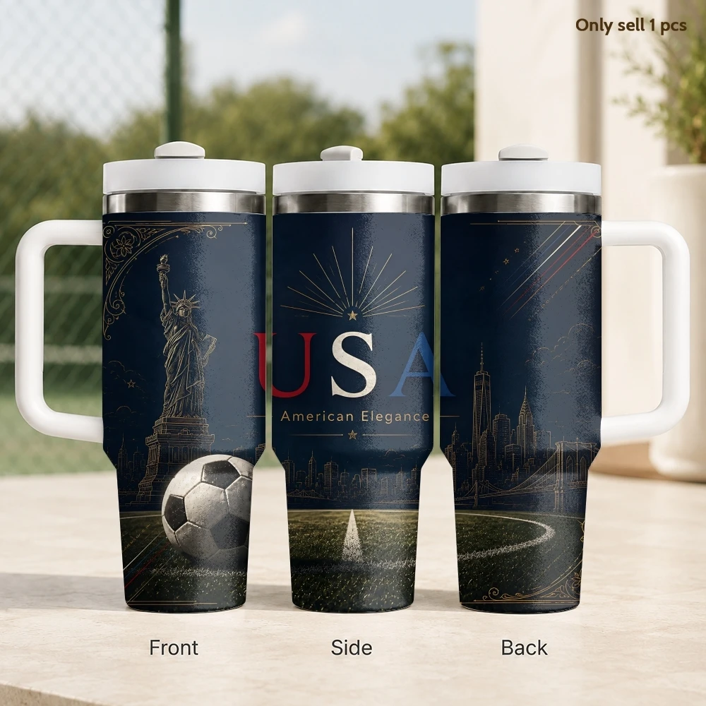 

USA Line Design Football Enthusiast Flasks 40oz Stainless Steel Insulated Tumbler with Handle & Straw Leakproof Travel Mug