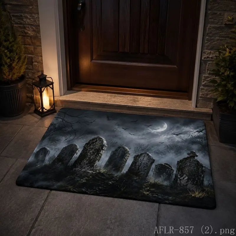 VIKAMA Halloween Carpet Spider Skeleton Witch Cemetery Anti slip Floor Mat Balcony Entrance Door Mat Home Decoration