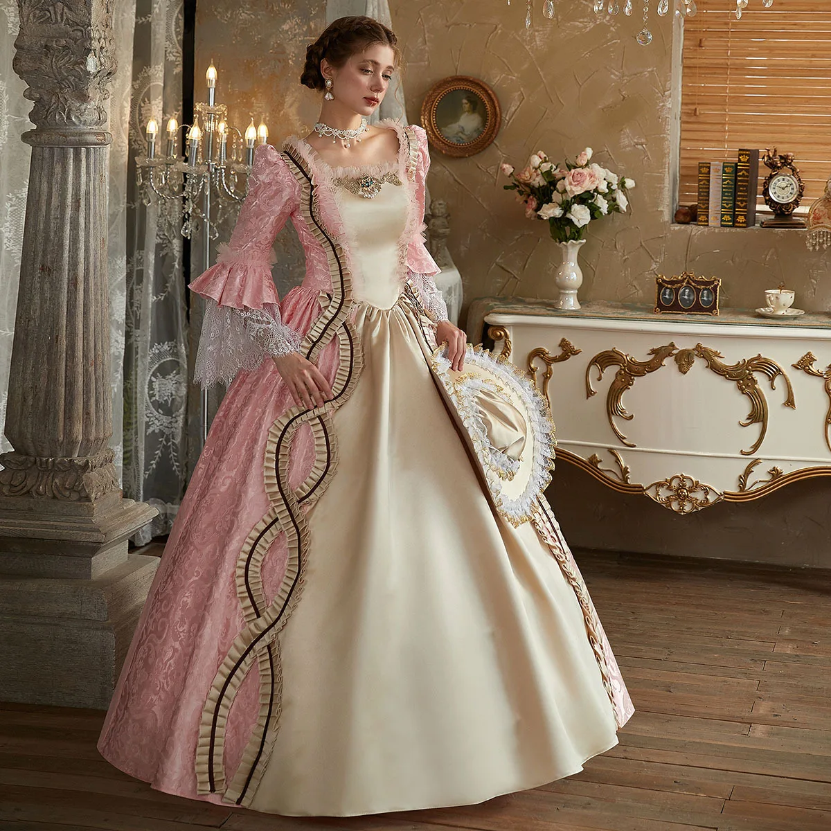 Pink Champagne  Long Sleeved Hepburn Style Palace Dress Halloween Makeup Ball Drama New Year Gothic Performance Dress