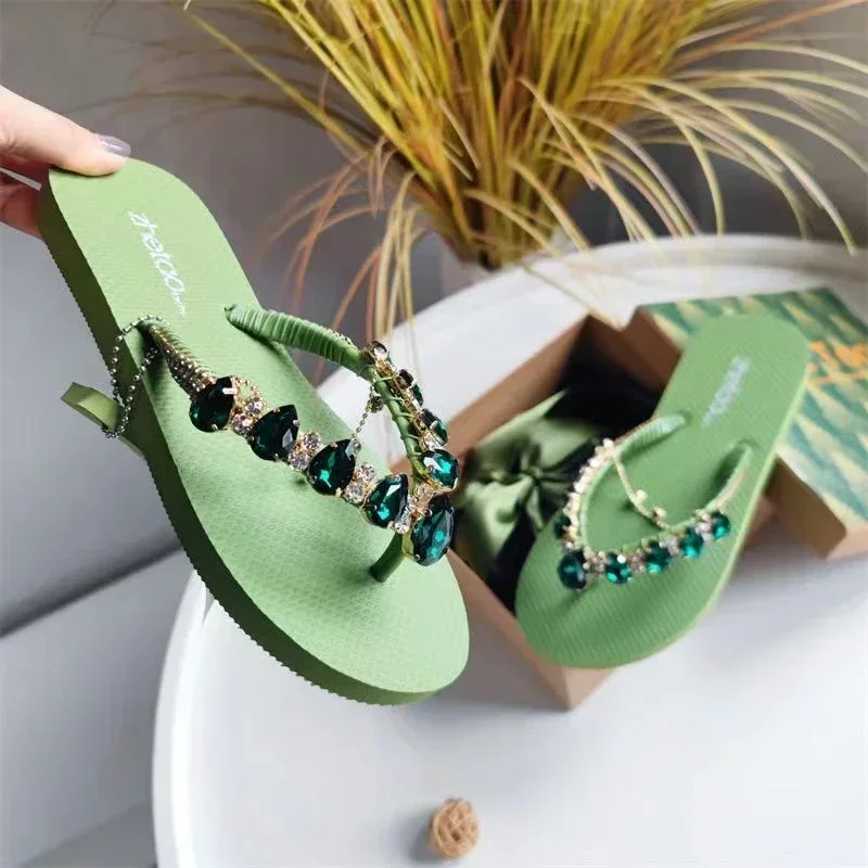 Women\'s Slippers 2024 Summer Comfortable Beach Non-slip Soft Bottom Casual Flip Flops Female Rhinestone Chain Shoes for Women