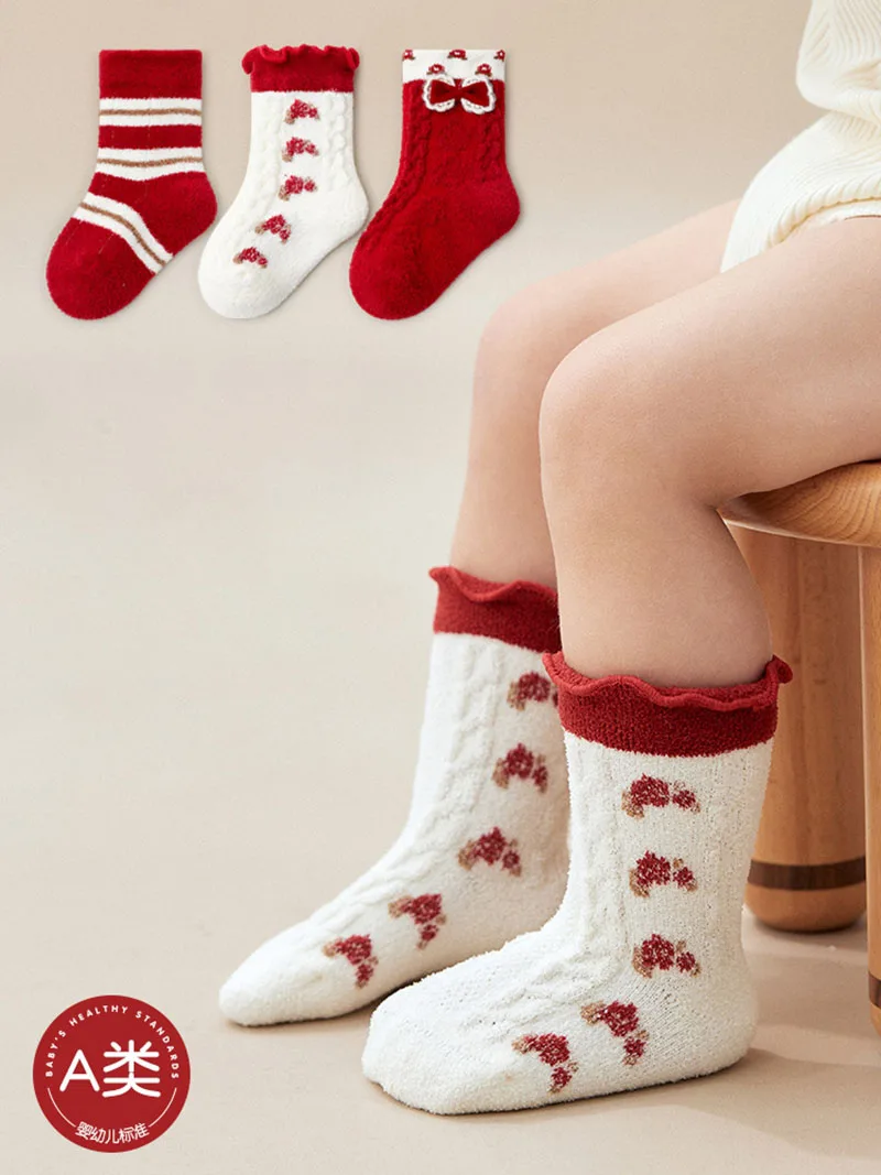 

3 Pairs a Lot MILANCEL Winter Baby Socks 0-3T Color Blocked Bow Infant Girls In Tube Socks Korean Stripe Thicken Newborn Socks